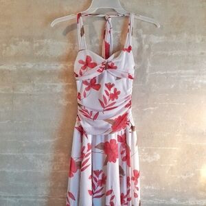 481a. white & pink vintage Speechless ruched floral y2k halter dress, M